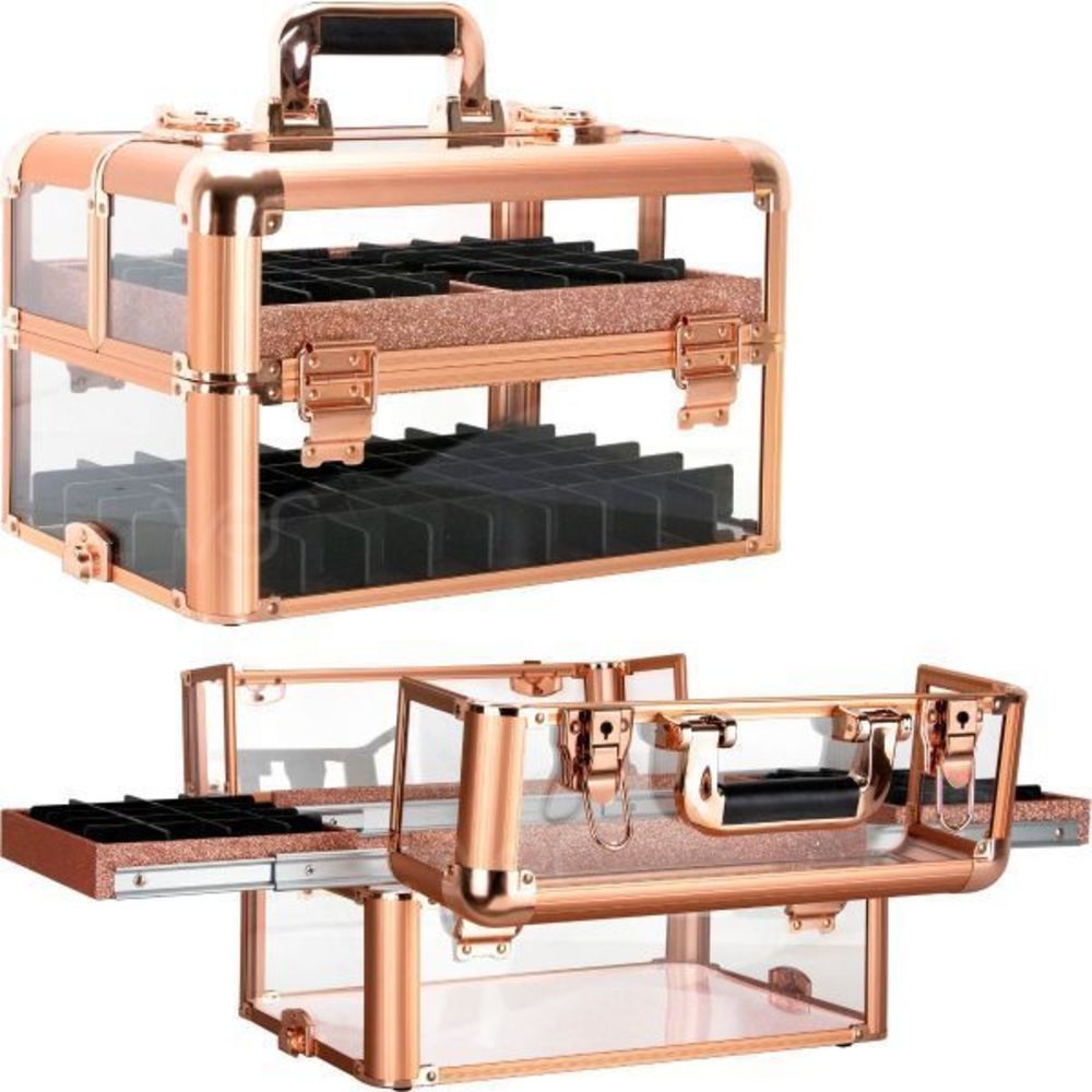 Cosmetics Case Rose Gold Easy Slide Trays Makeup & Nails Case with Foundation Ho